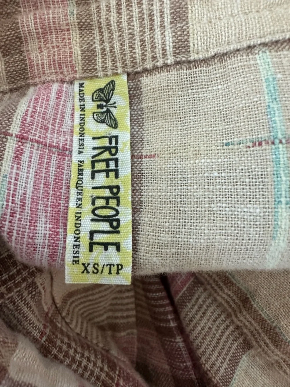 Free People Boho No Limits Plaid Linen Utility Button Up Shirt XS Pink Ivory